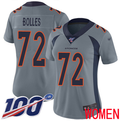 Women Denver Broncos #72 Garett Bolles Limited Silver Inverted Legend 100th Season Football NFL Jersey